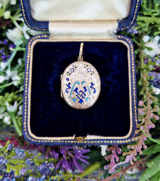 Antique Victorian 9ct Yellow Gold Ornate Blue and White Enamel Floral Engraved Locket