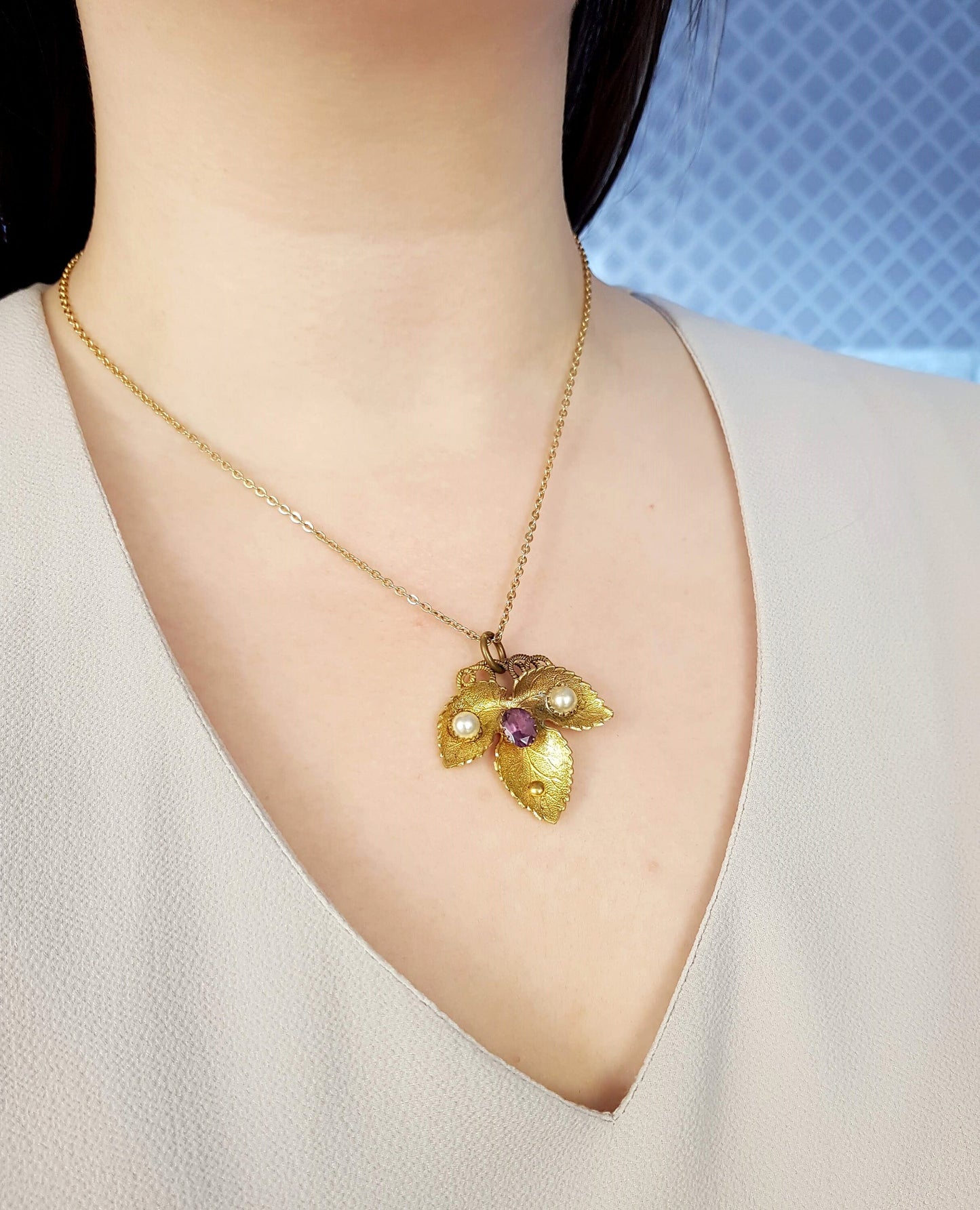 Antique Art Nouveau Gold Tone Leaf with Purple Glass and Pearls Pendant Necklace