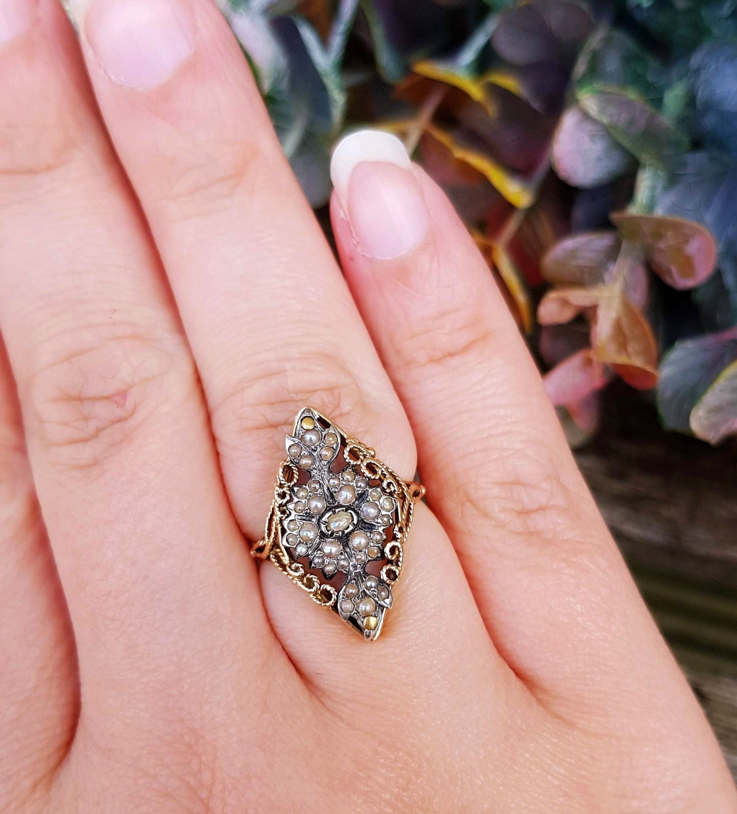 Antique Georgian 18ct Yellow Gold Ornate Unique Pearl Statement Navette Ring / Size O or 7