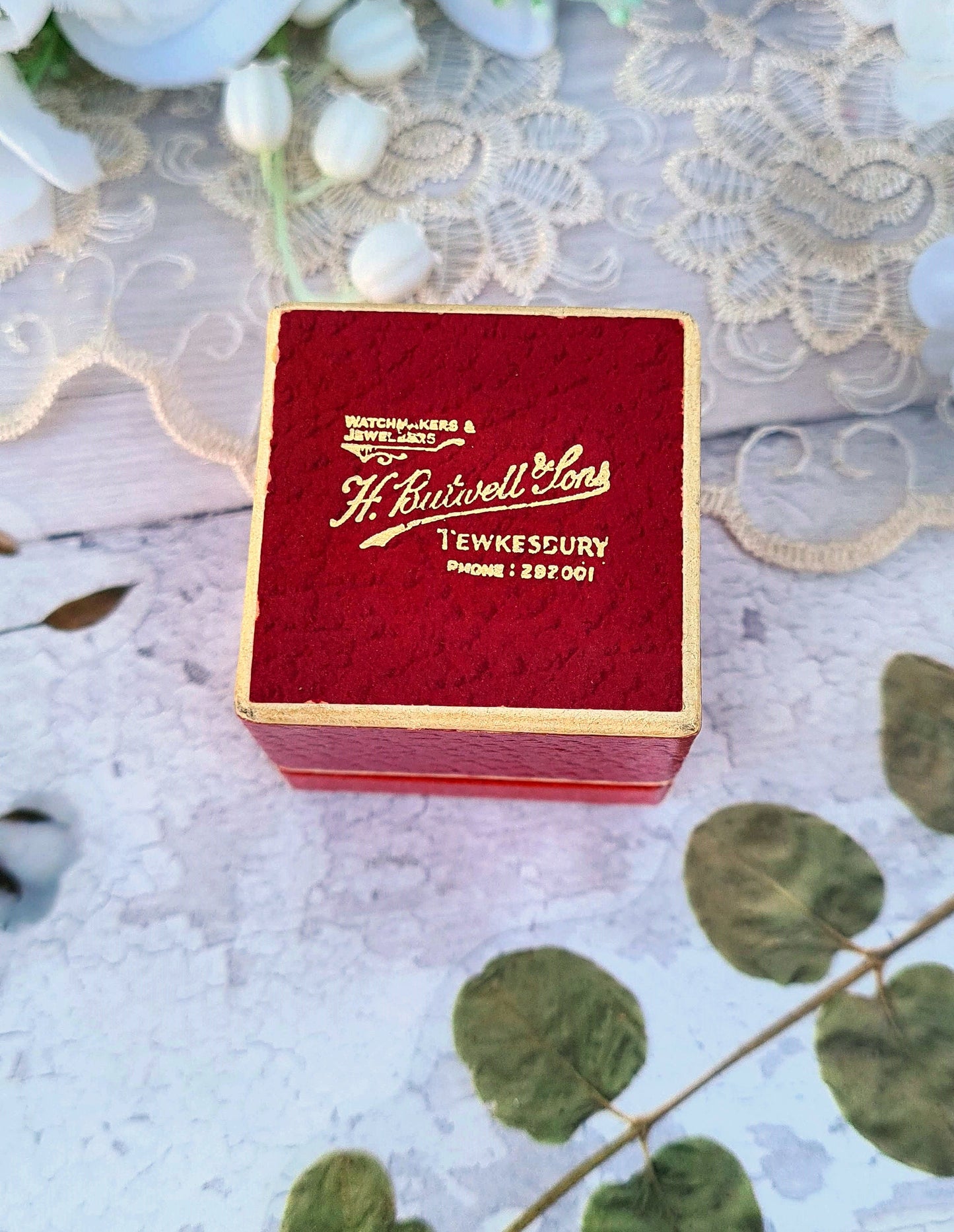 Vintage H. Butwell & Sons Tewkesbury Red and Cream Jewellery Ring Box for Display Collection Gift