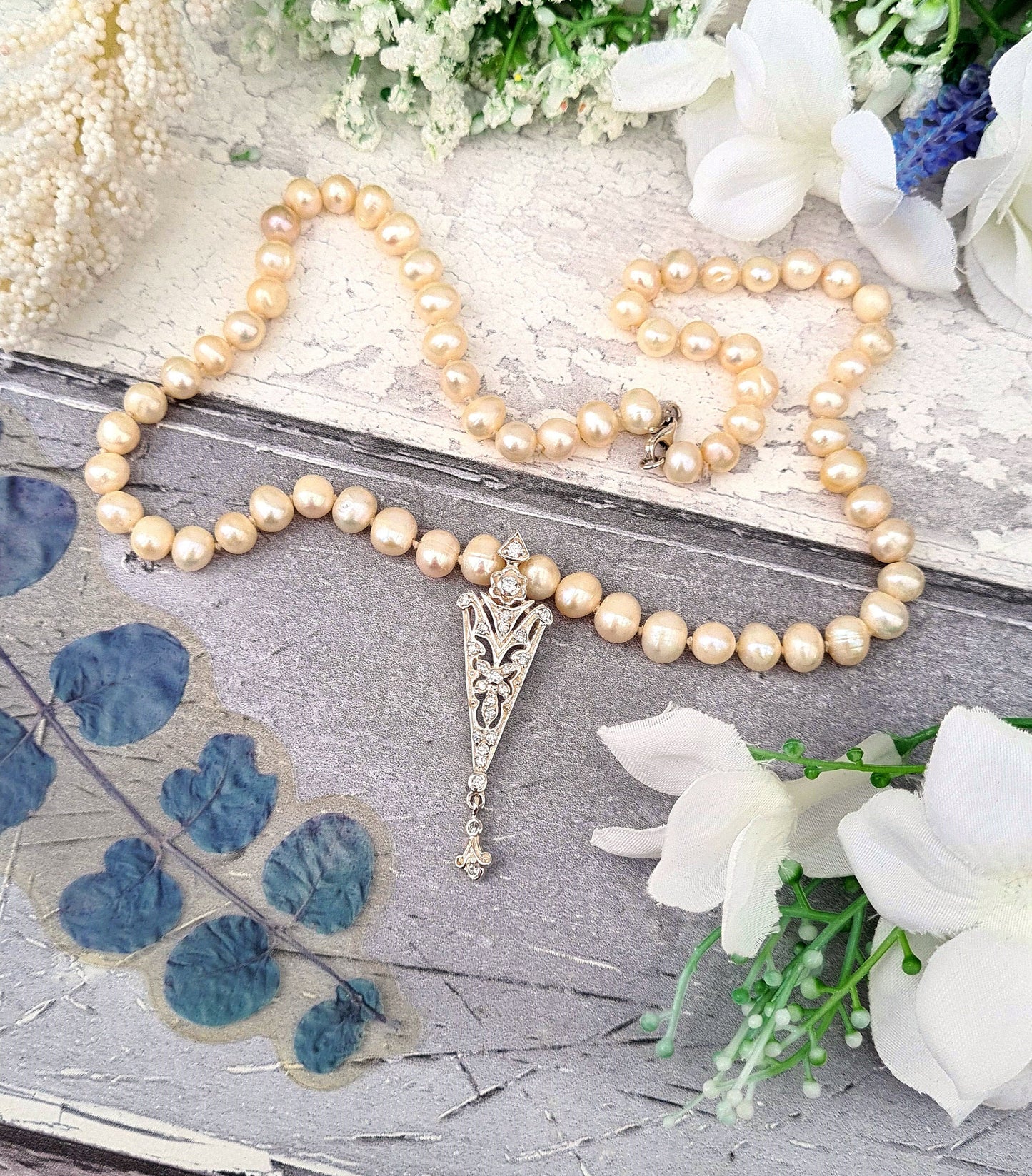 Vintage Classic Princess Length Cream Cultured Pearls with Crystal Enhancer Pendant / Sterling Silver