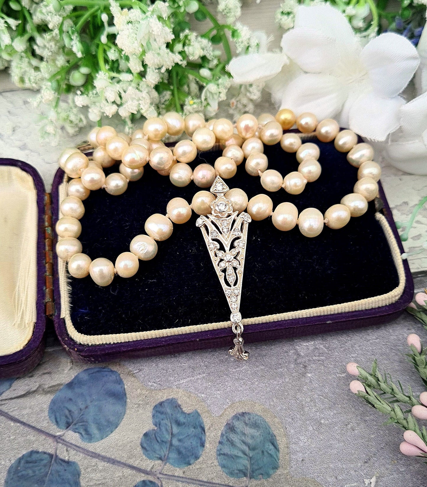 Vintage Classic Princess Length Cream Cultured Pearls with Crystal Enhancer Pendant / Sterling Silver