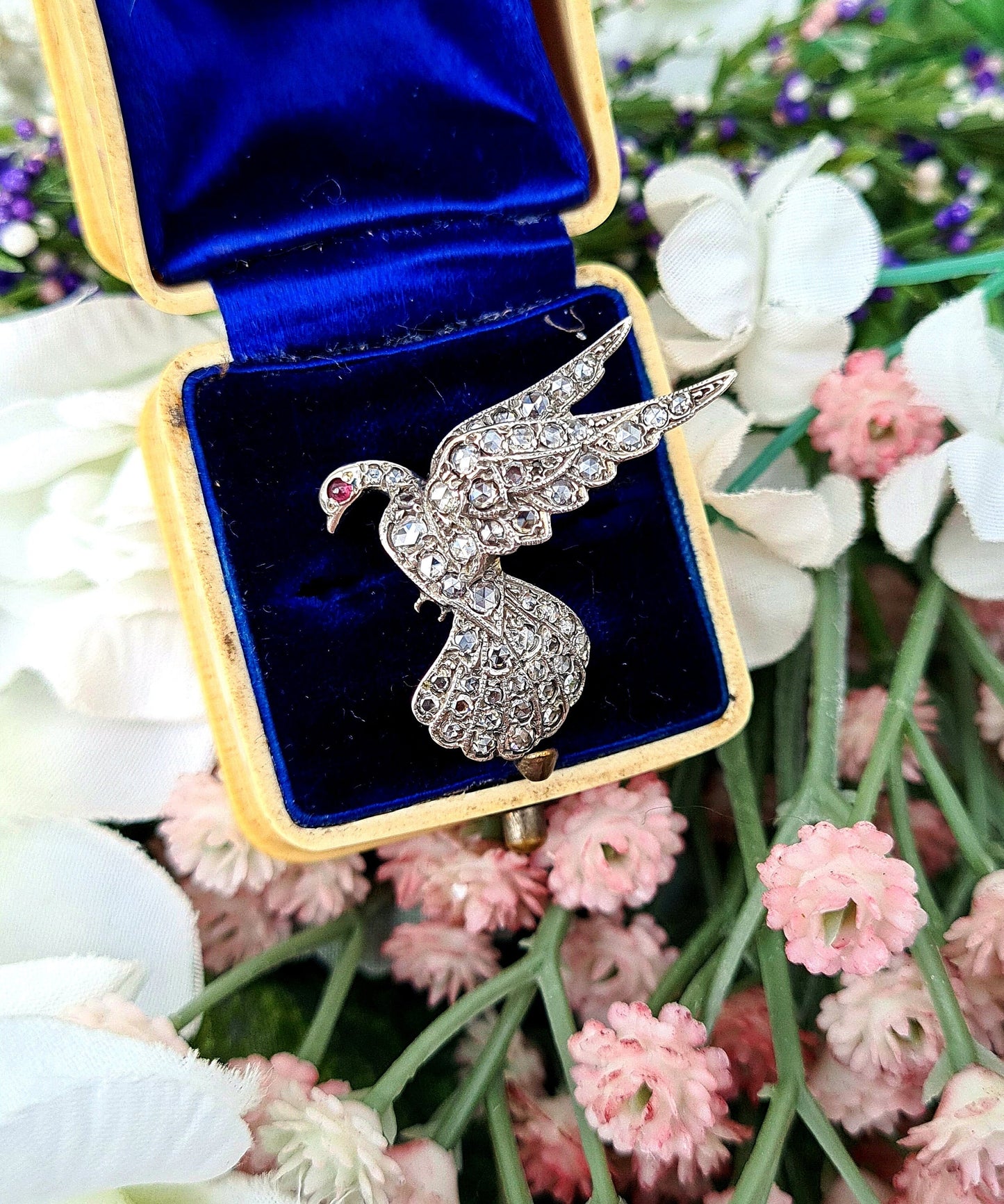 Antique Victorian 18ct Gold & Silver Rose Cut Diamond and Ruby Peace Dove Bird Pendant