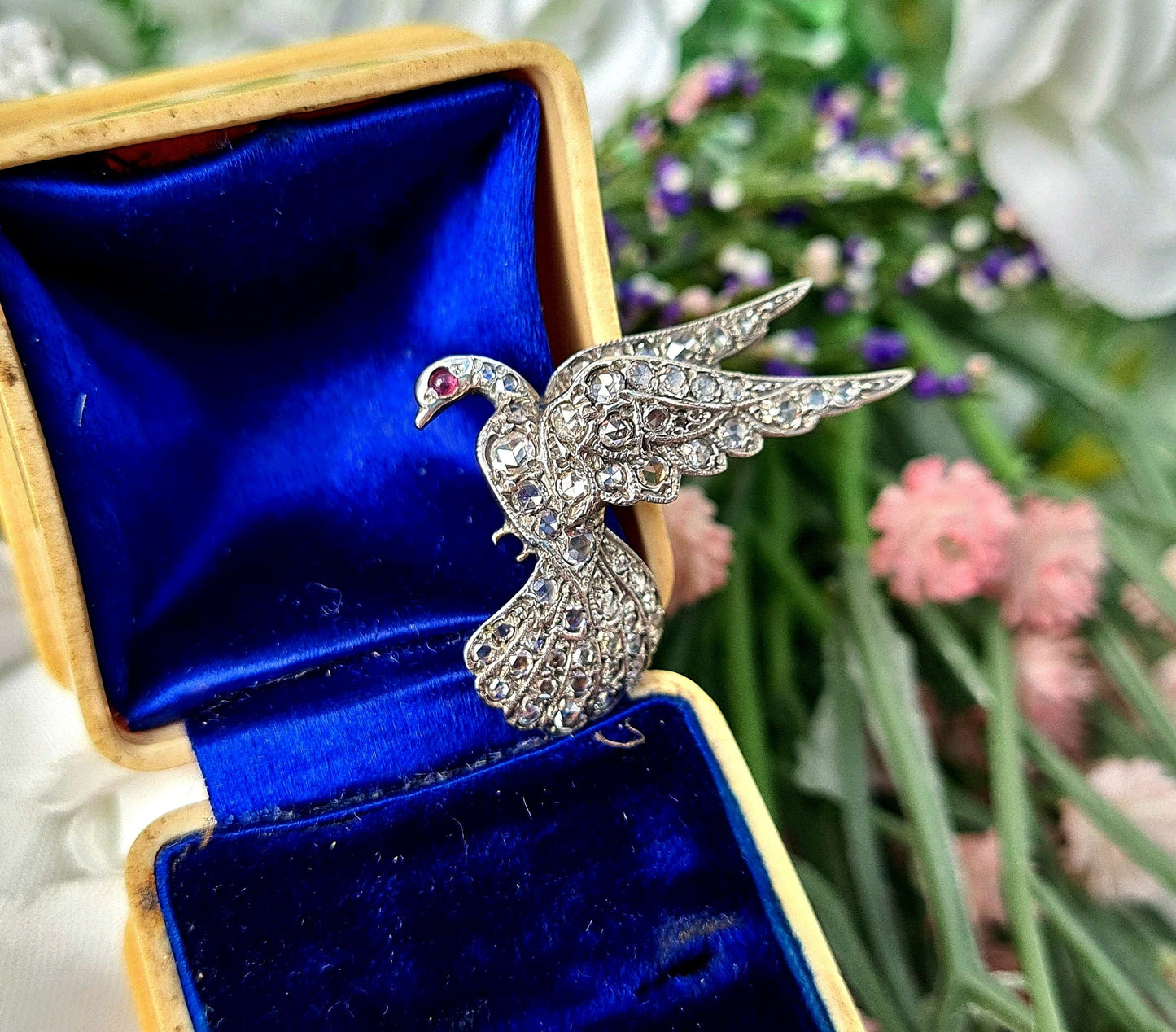 Antique Victorian 18ct Gold & Silver Rose Cut Diamond and Ruby Peace Dove Bird Pendant