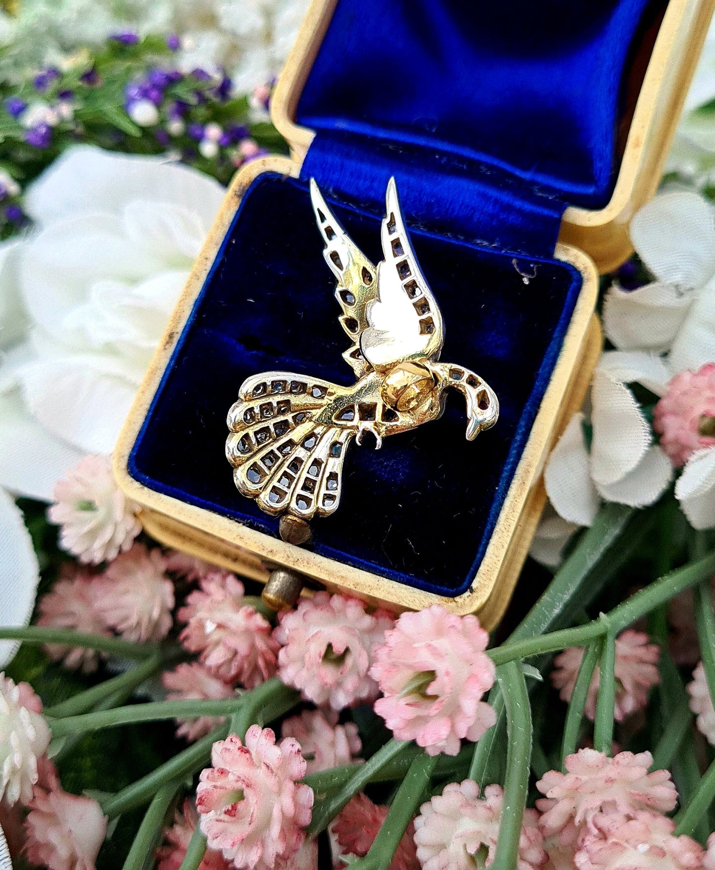 Antique Victorian 18ct Gold & Silver Rose Cut Diamond and Ruby Peace Dove Bird Pendant