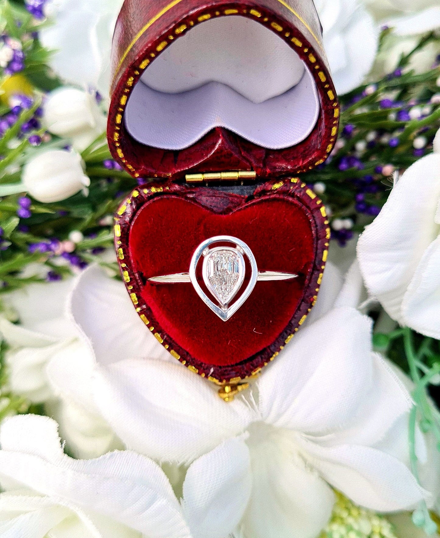 One of a Kind Art Deco Style 18ct White Gold Teardrop Diamond Target Solitaire Engagement Ring / Size Q or 8.5