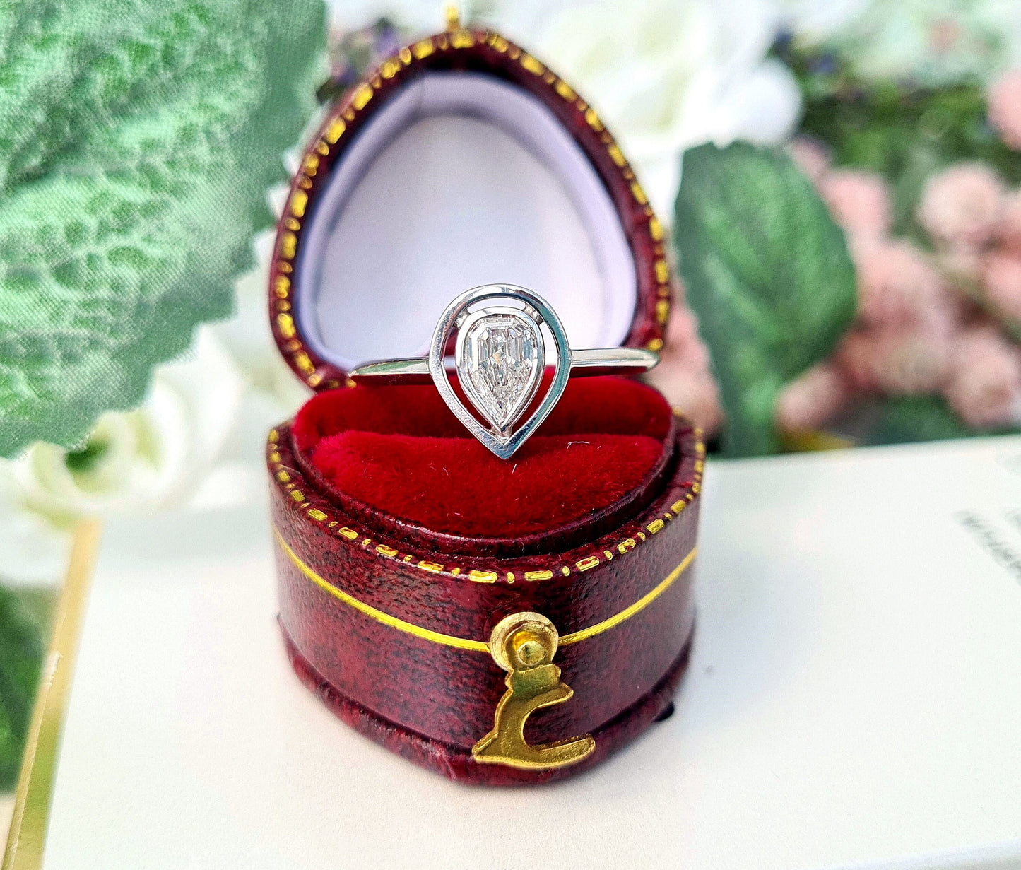 One of a Kind Art Deco Style 18ct White Gold Teardrop Diamond Target Solitaire Engagement Ring / Size Q or 8.5
