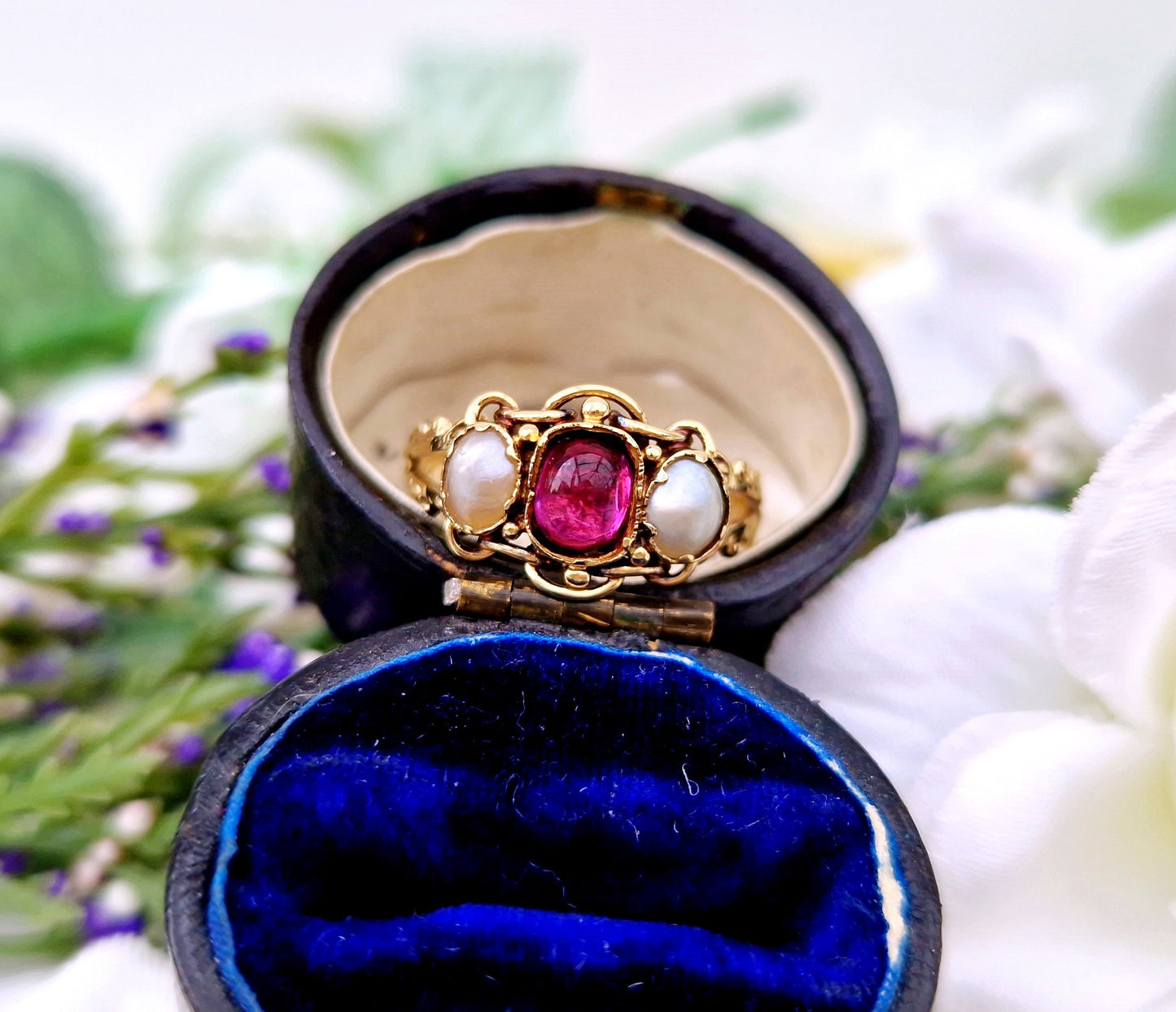 Antique Victorian 15ct Yellow Gold Pearl & Raspberry Pink Glass Cabochon Trilogy Ring / Size N 1/2 or 7.25