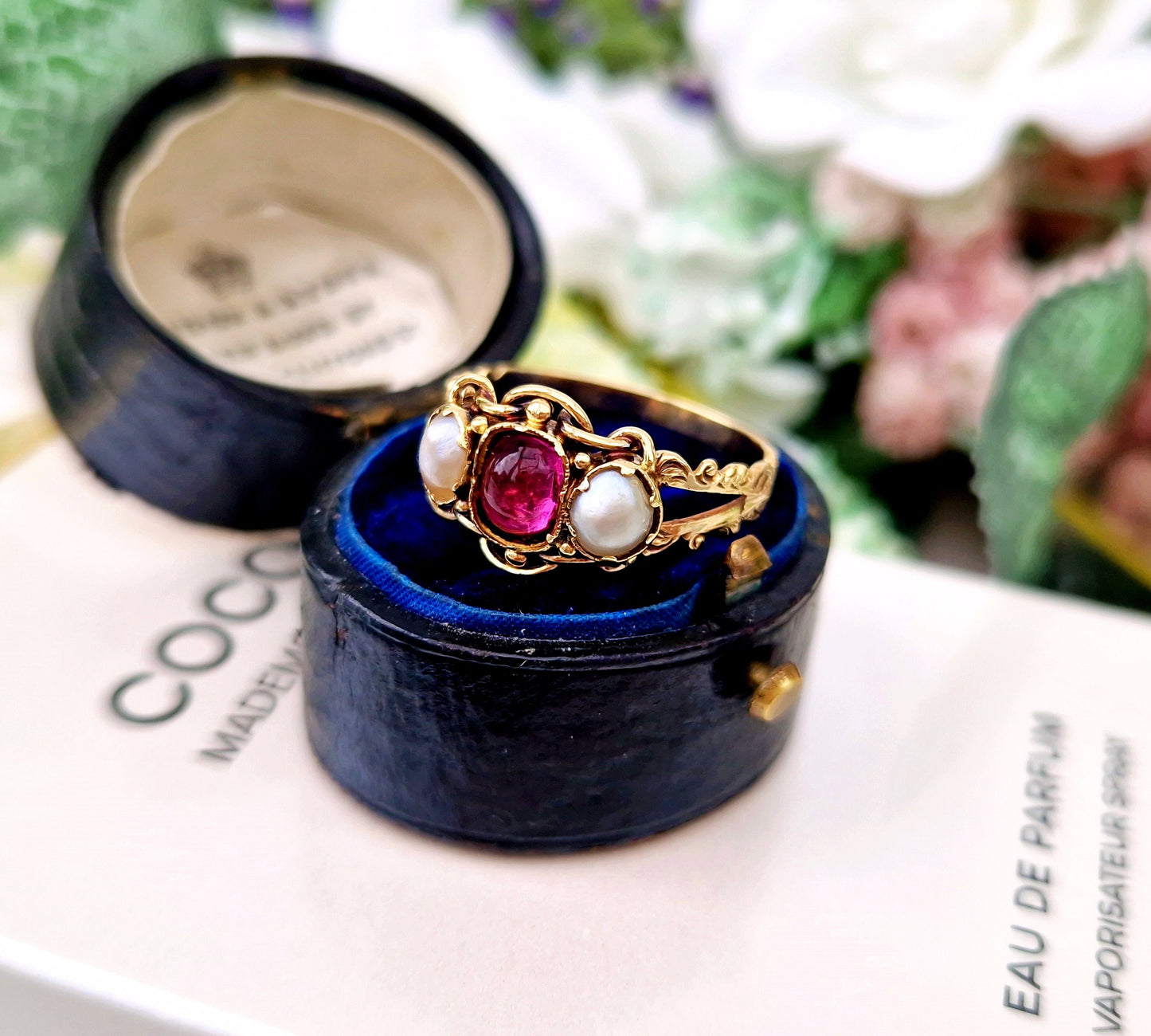 Antique Victorian 15ct Yellow Gold Pearl & Raspberry Pink Glass Cabochon Trilogy Ring / Size N 1/2 or 7.25