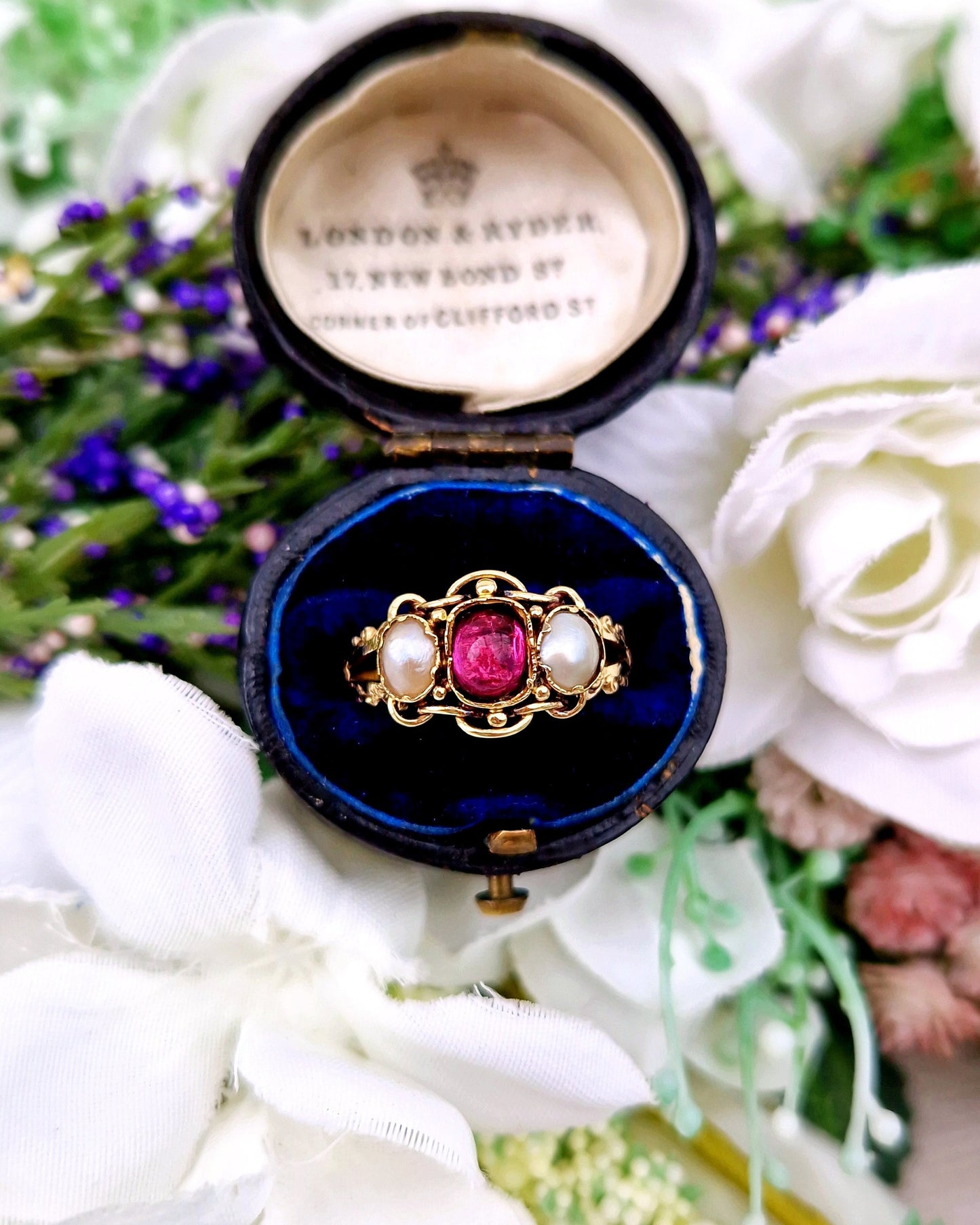 Antique Victorian 15ct Yellow Gold Pearl & Raspberry Pink Glass Cabochon Trilogy Ring / Size N 1/2 or 7.25