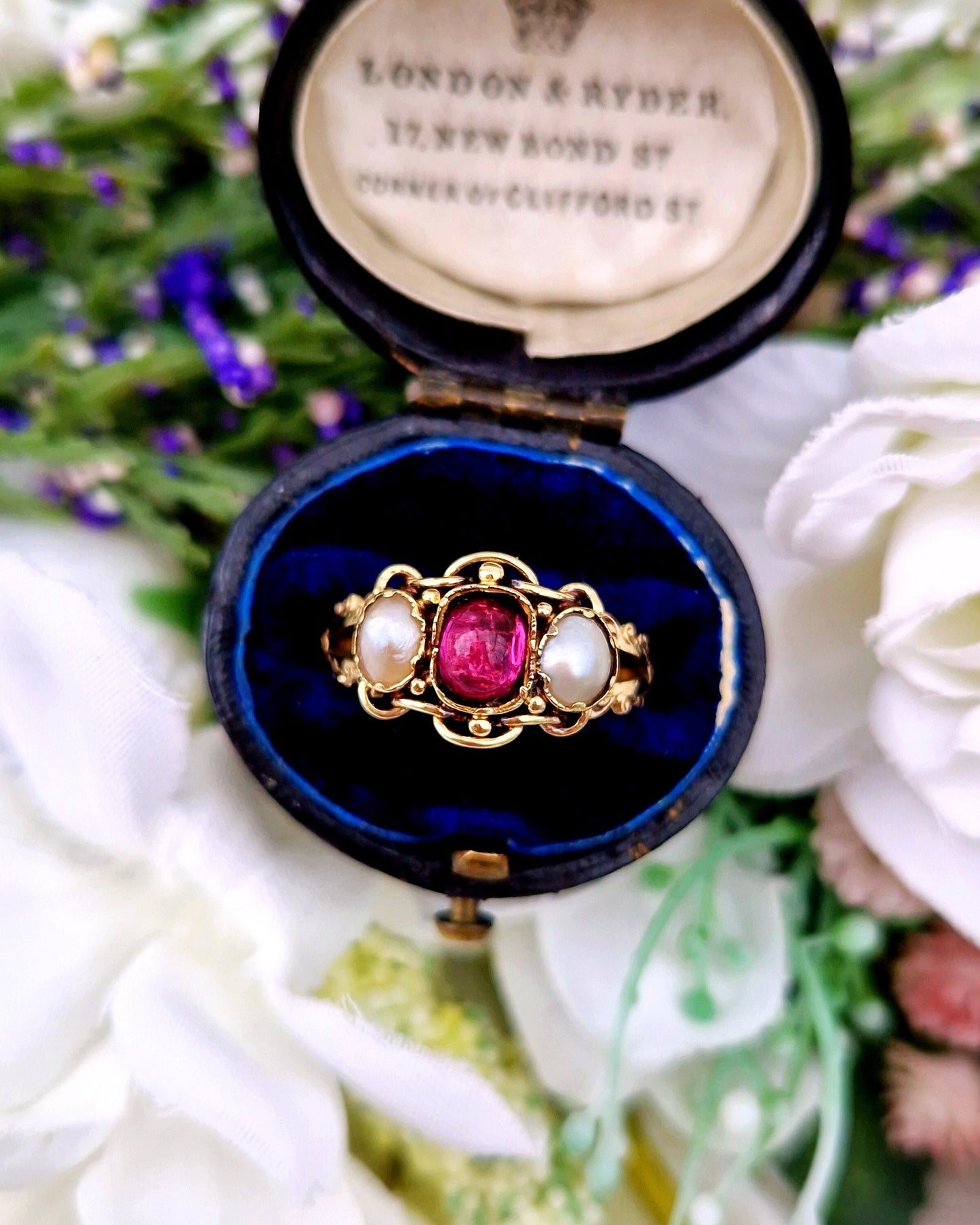 Antique Victorian 15ct Yellow Gold Pearl & Raspberry Pink Glass Cabochon Trilogy Ring / Size N 1/2 or 7.25