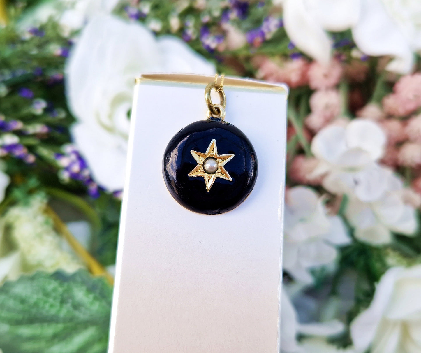 Antique Victorian 9ct Yellow Gold Black Enamel & White Pearl Star Pendant