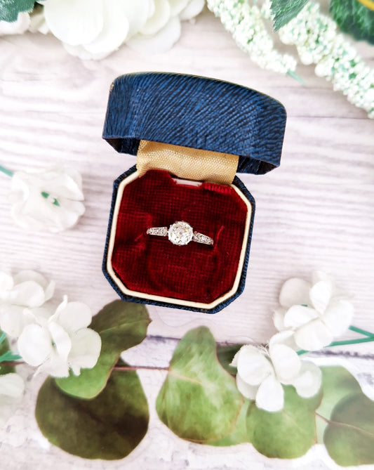 Vintage Navy Blue, Red and Cream Interior Leatherette Jewellery Ring Box for Display Collection Gift or Engagement