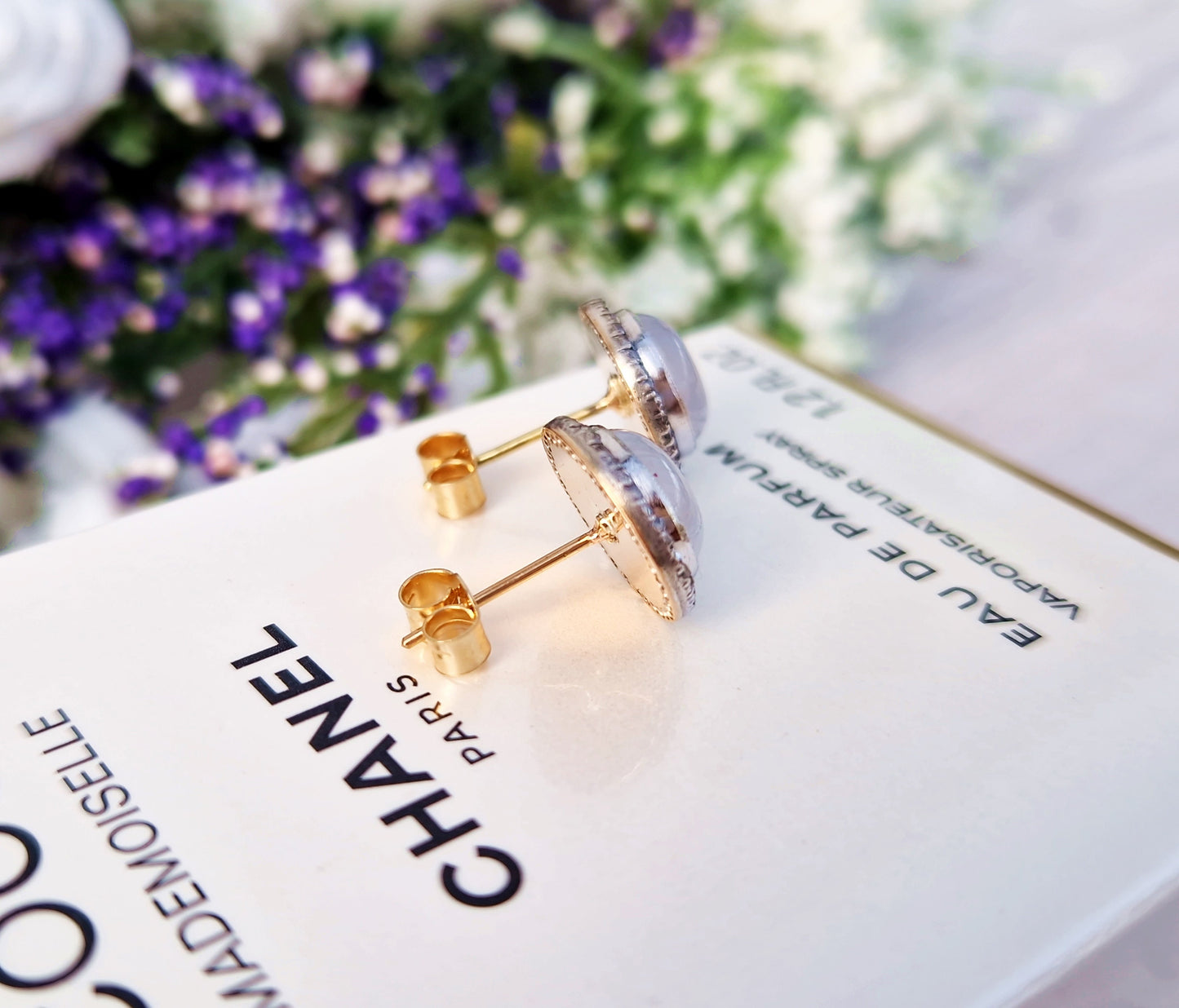 Antique Victorian 18ct Yellow Gold Moonstone and Rose Cut Diamond Stud Earrings