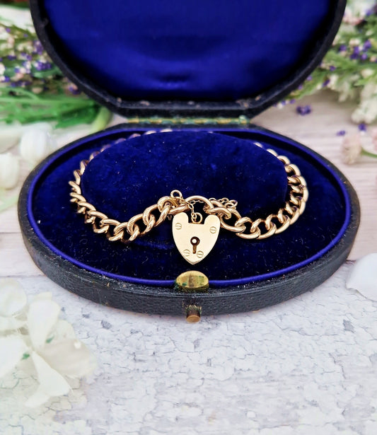 Antique Art Deco 9ct Yellow Gold Classic Curb Link Charm Bracelet with Love Heart Padlock 15grams