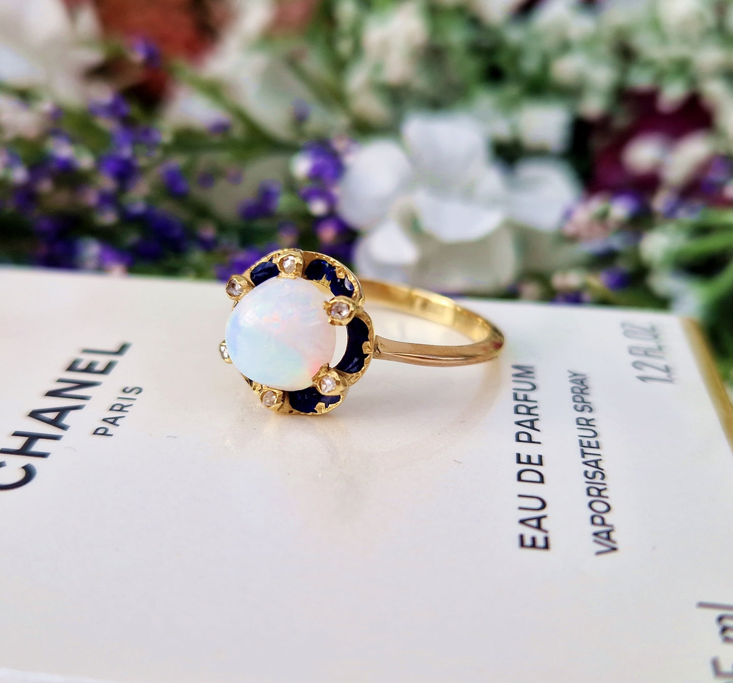 Antique Edwardian 18ct Gold Rainbow Opal and Diamond Enamel Accented Cluster Ring / Size R 1/2 or 9.25