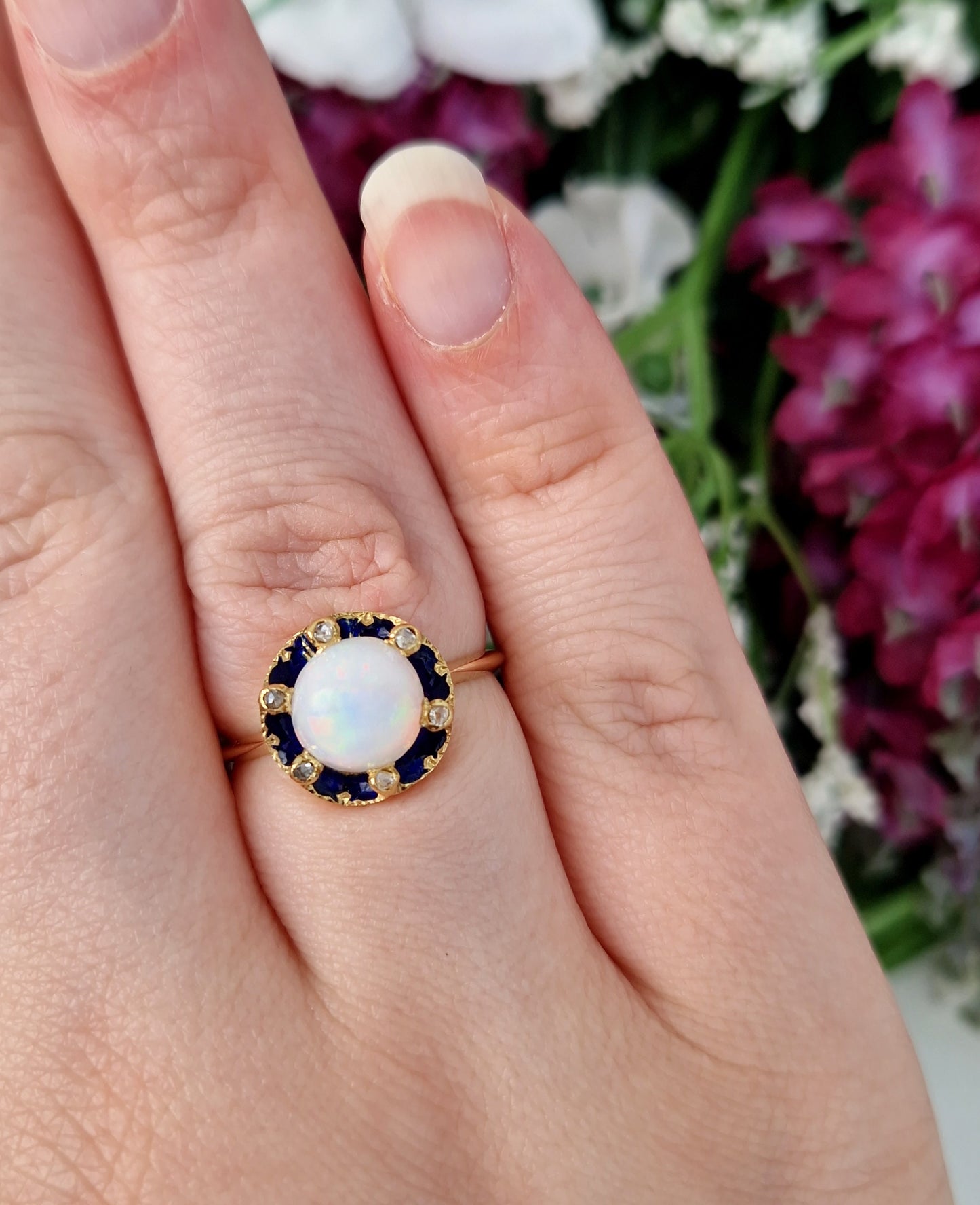 Antique Edwardian 18ct Gold Rainbow Opal and Diamond Enamel Accented Cluster Ring / Size R 1/2 or 9.25