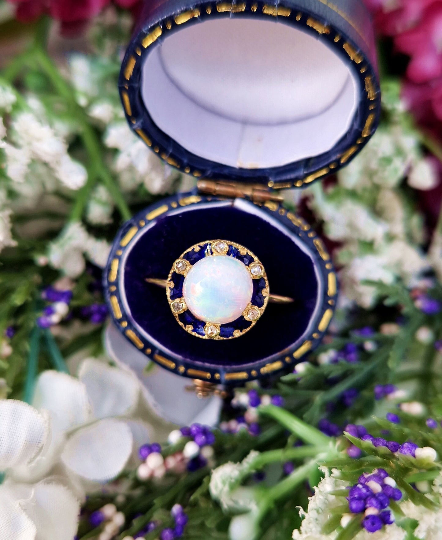 Antique Edwardian 18ct Gold Rainbow Opal and Diamond Enamel Accented Cluster Ring / Size R 1/2 or 9.25