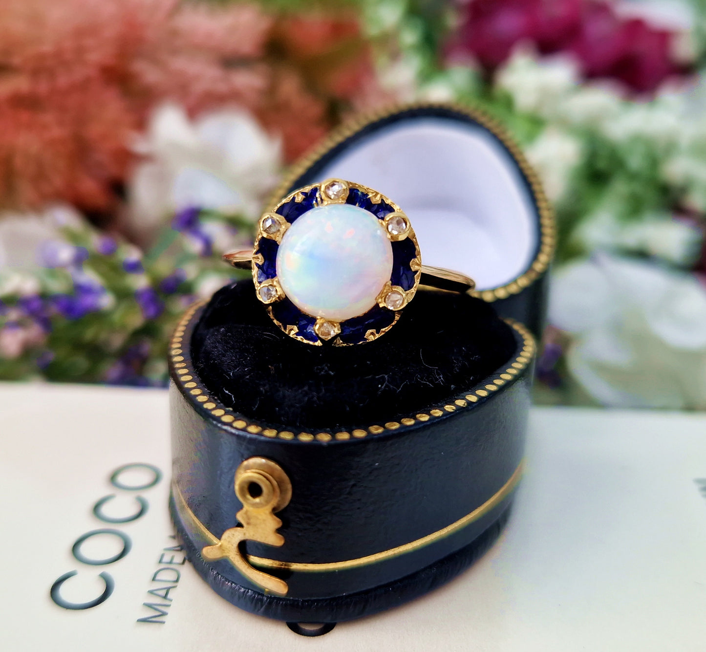 Antique Edwardian 18ct Gold Rainbow Opal and Diamond Enamel Accented Cluster Ring / Size R 1/2 or 9.25