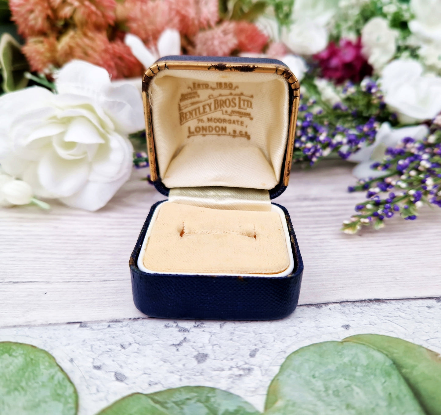 Vintage Navy Blue Gold and Pink Leatherette Jewellery Ring Box for Display Collection Gift or Engagement