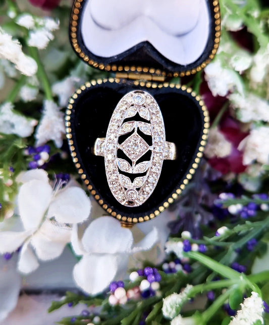 Vintage 9ct Gold Art Deco Ornate Decorative Diamond Navette Cluster Ring / Size J or 5