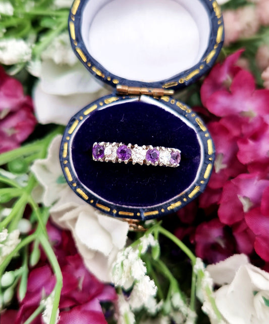 Vintage 1987 9ct Yellow Gold Purple Amethyst and Crystal Half Eternity Band Ring / Size L or 6