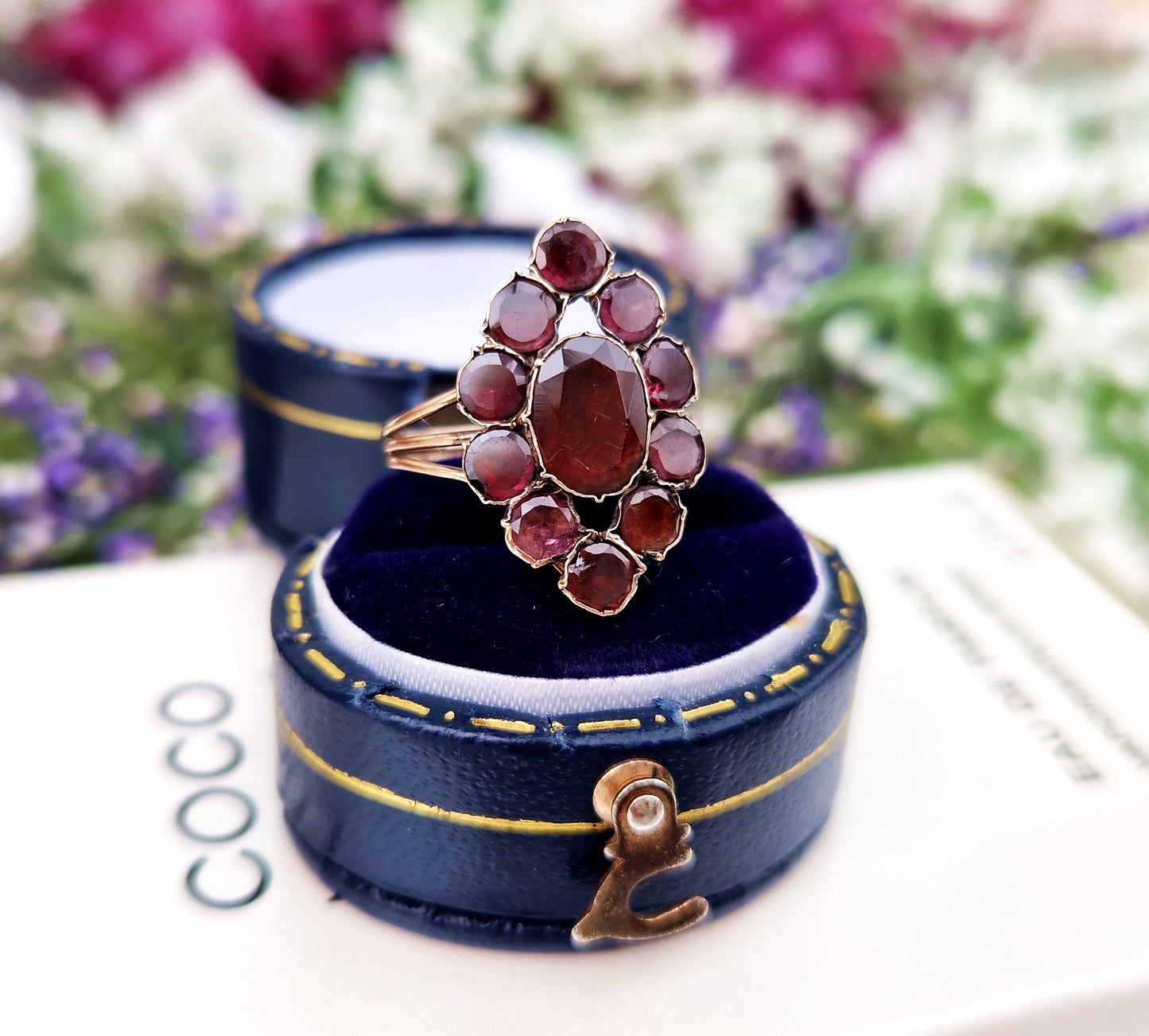 Antique Georgian 9ct Gold Foiled Flat Cut Garnet Navette Cluster Ring / Size J or 5