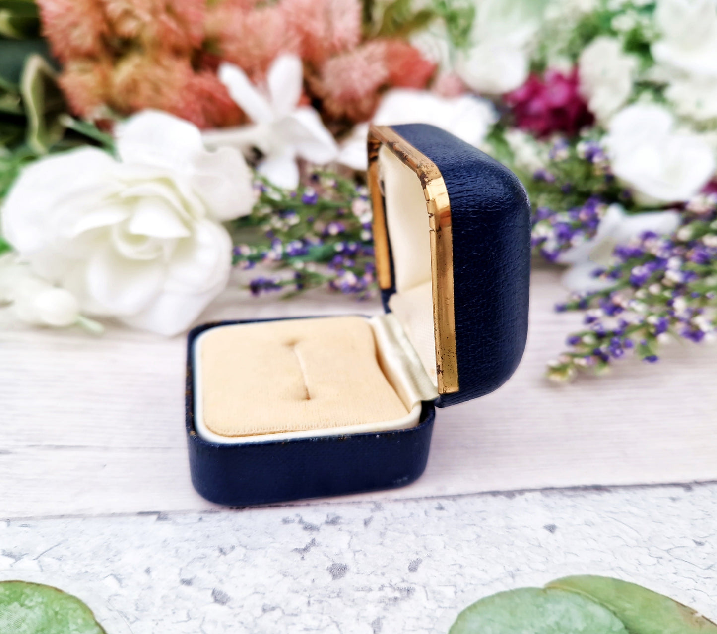 Vintage Navy Blue Gold and Pink Leatherette Jewellery Ring Box for Display Collection Gift or Engagement