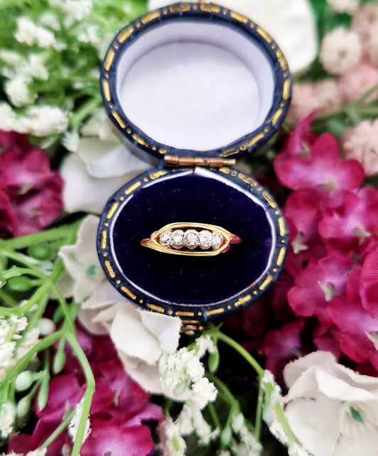 Antique Art Deco 18ct Gold & Platinum 5 Stone Diamond Band Boat Ring / Size M or 6.5