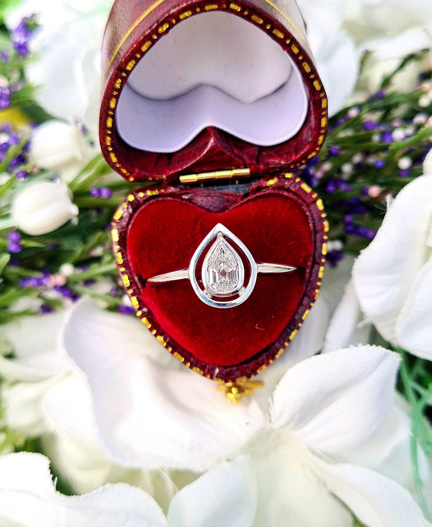 One of a Kind Art Deco Style 18ct White Gold Teardrop Diamond Target Solitaire Engagement Ring / Size Q or 8.5