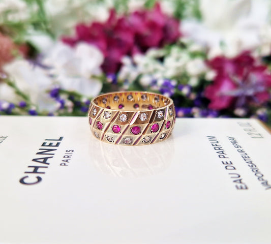 Vintage 9ct Yellow Gold Wide Stacking Eternity Band Ring with Ruby and Spinel / Size M 1/2 or 6.75