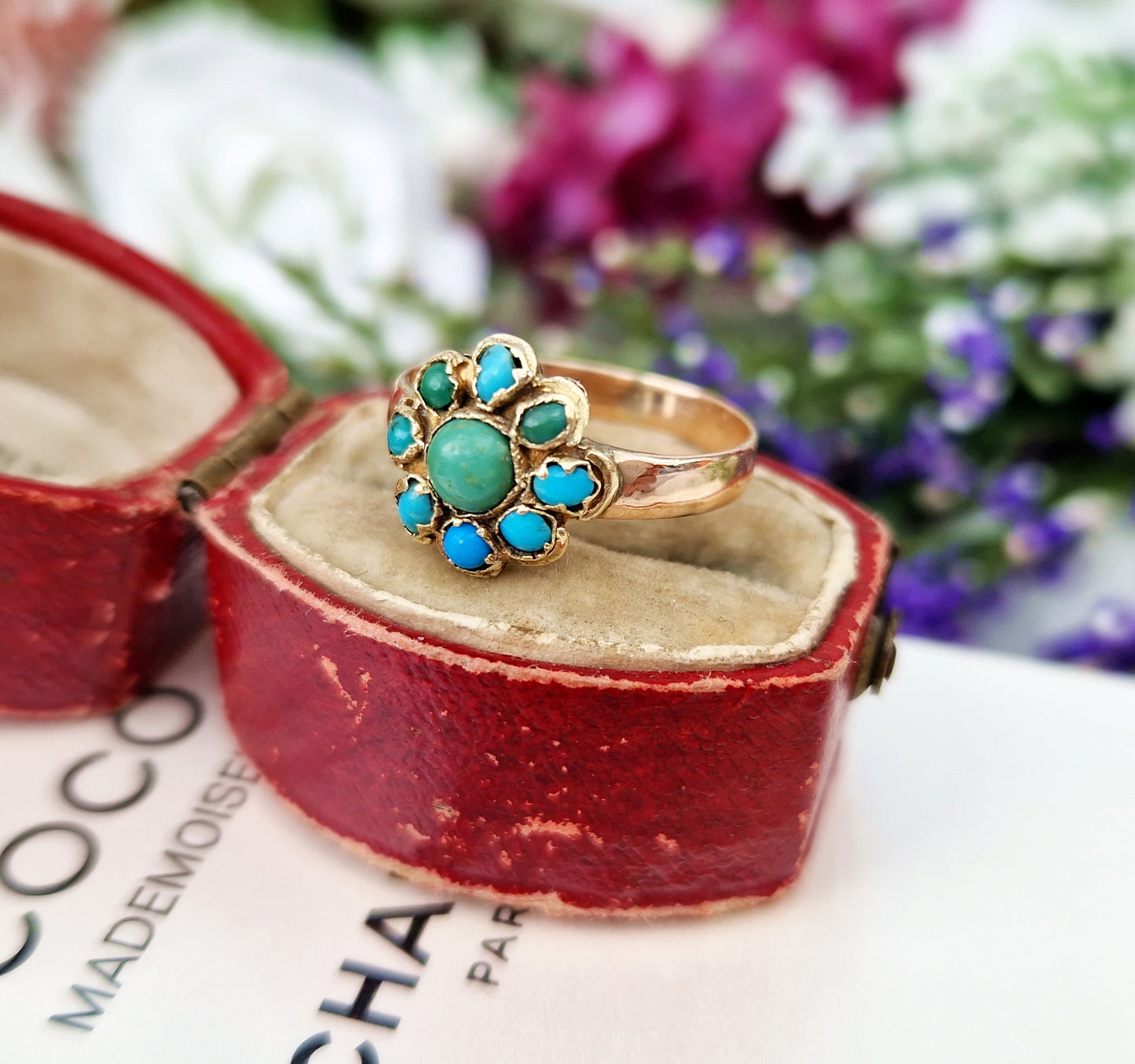 Antique Victorian 9ct Gold Ornate Turquoise Cabochon Daisy Cluster Ring / Size K or 5.5