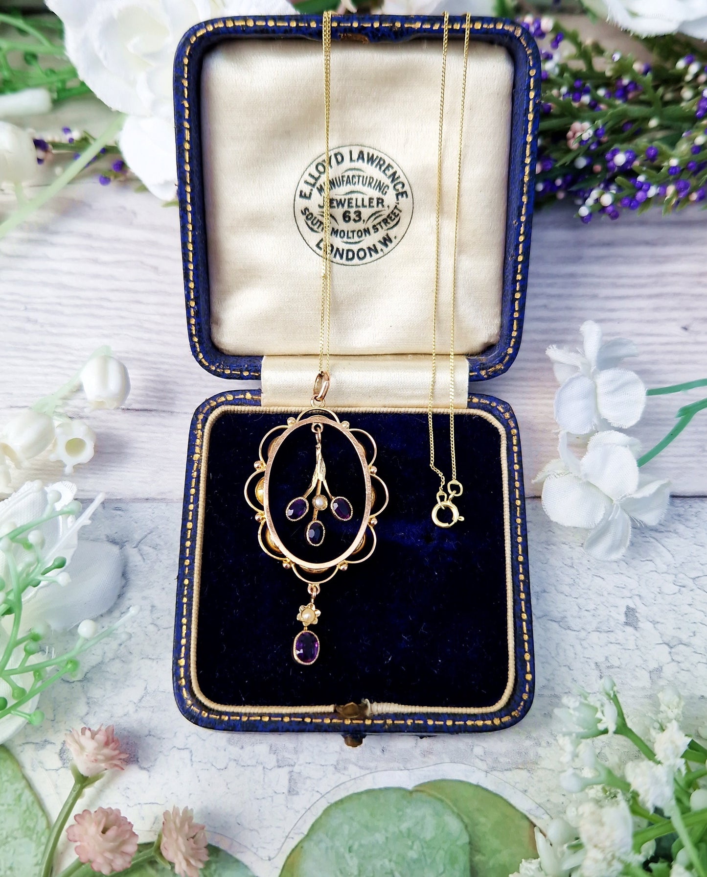 Antique Edwardian 9ct Gold Amethyst and Pearl Delicate Framed Lavalier Pendant Necklace