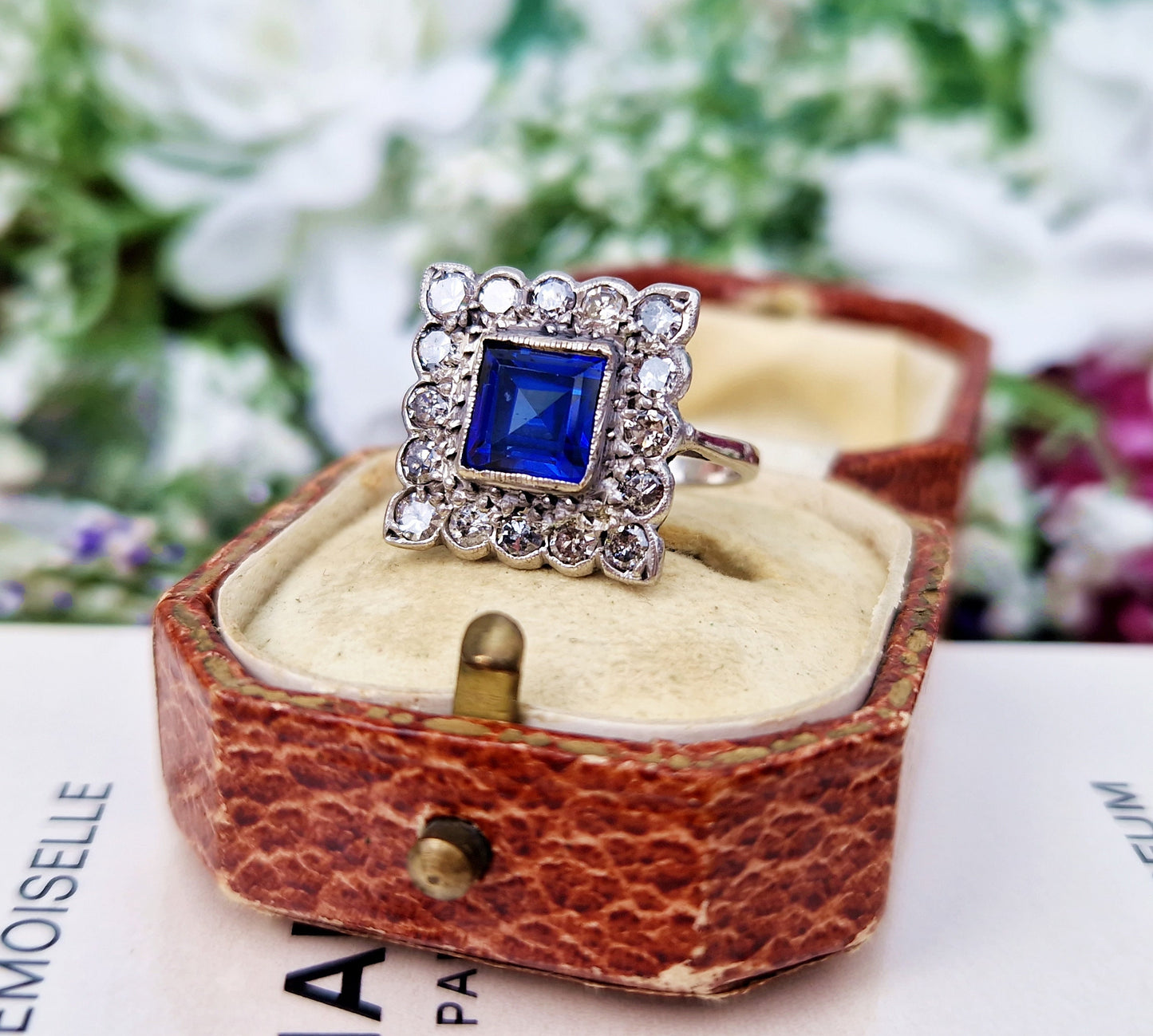 Antique Art Deco 18ct White Gold Blue Sapphire and 1.28cts Diamond Square Statement Cluster Ring / Size O or 7.5