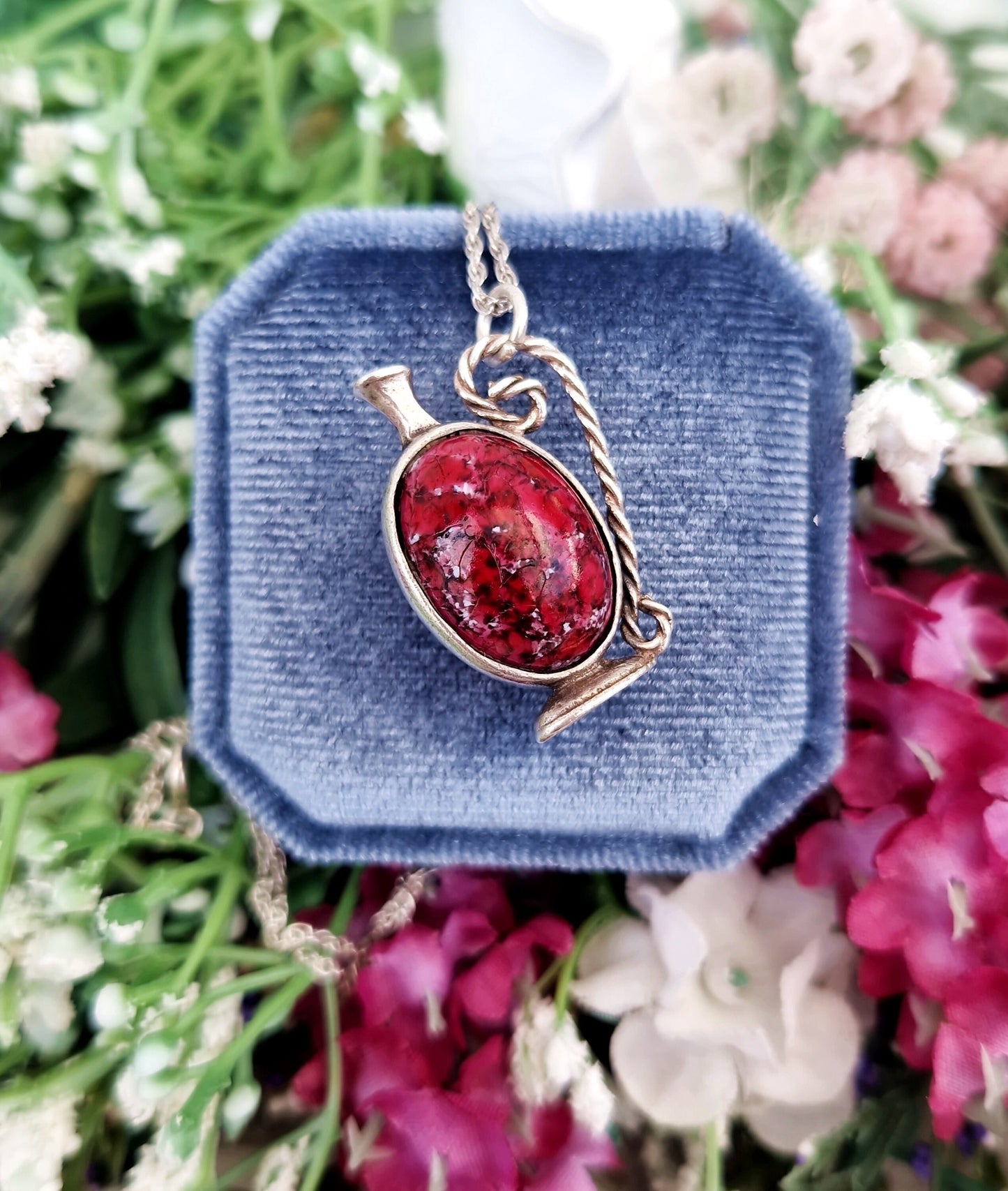 Vintage Sterling Silver Aquarius Water Jug Pendant with Pink Crackle Bead