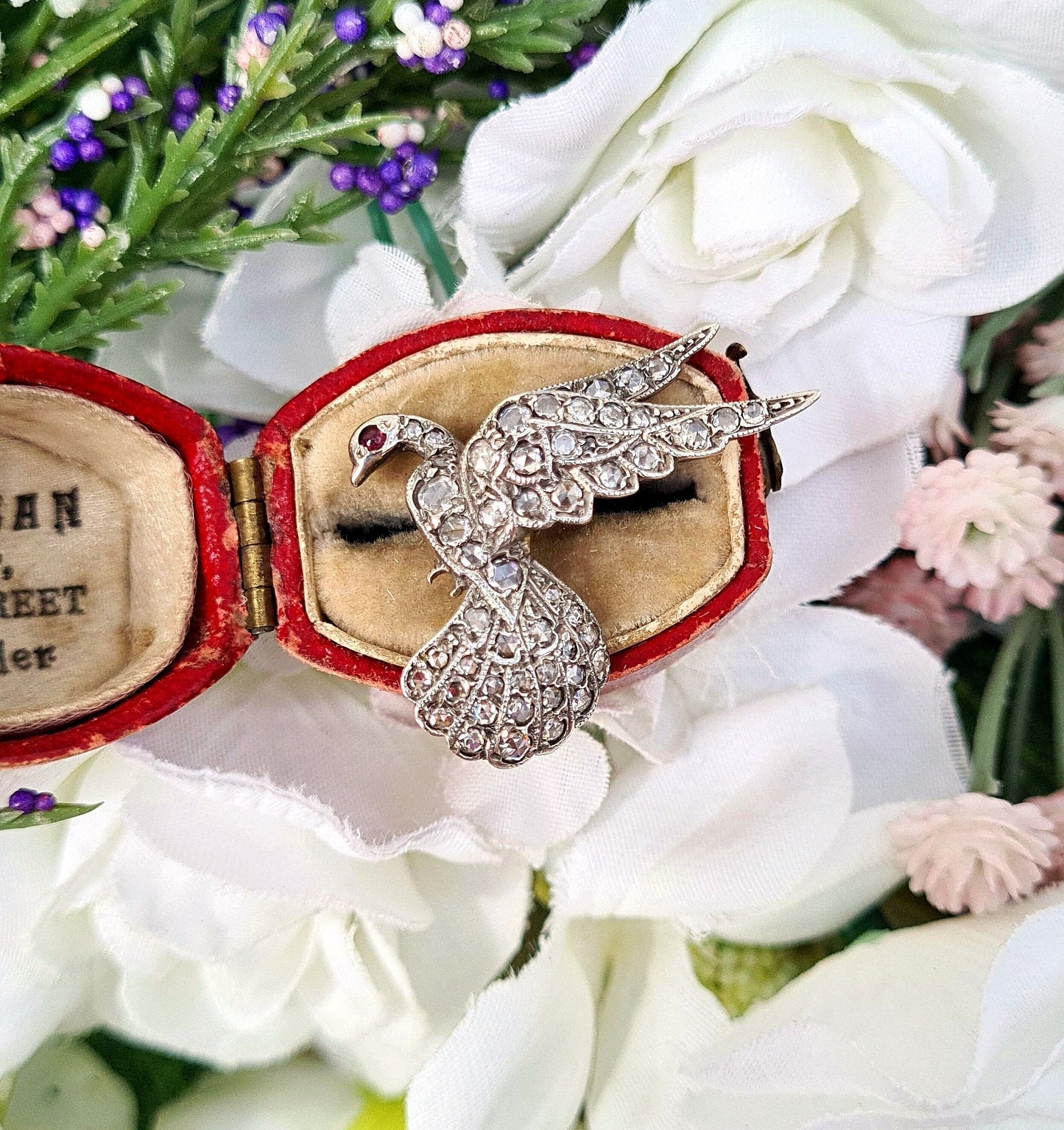 Antique Victorian 18ct Gold & Silver Rose Cut Diamond and Ruby Peace Dove Bird Pendant