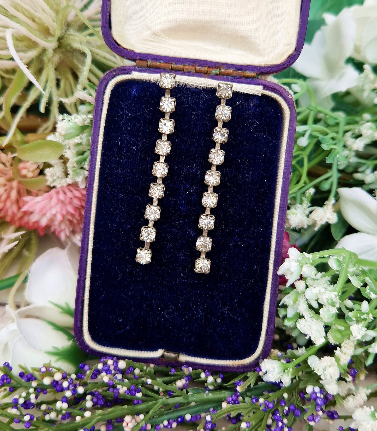Vintage Art Deco Style Silver Tone Extra Long Elegant Crystal Stud Drop Earrings