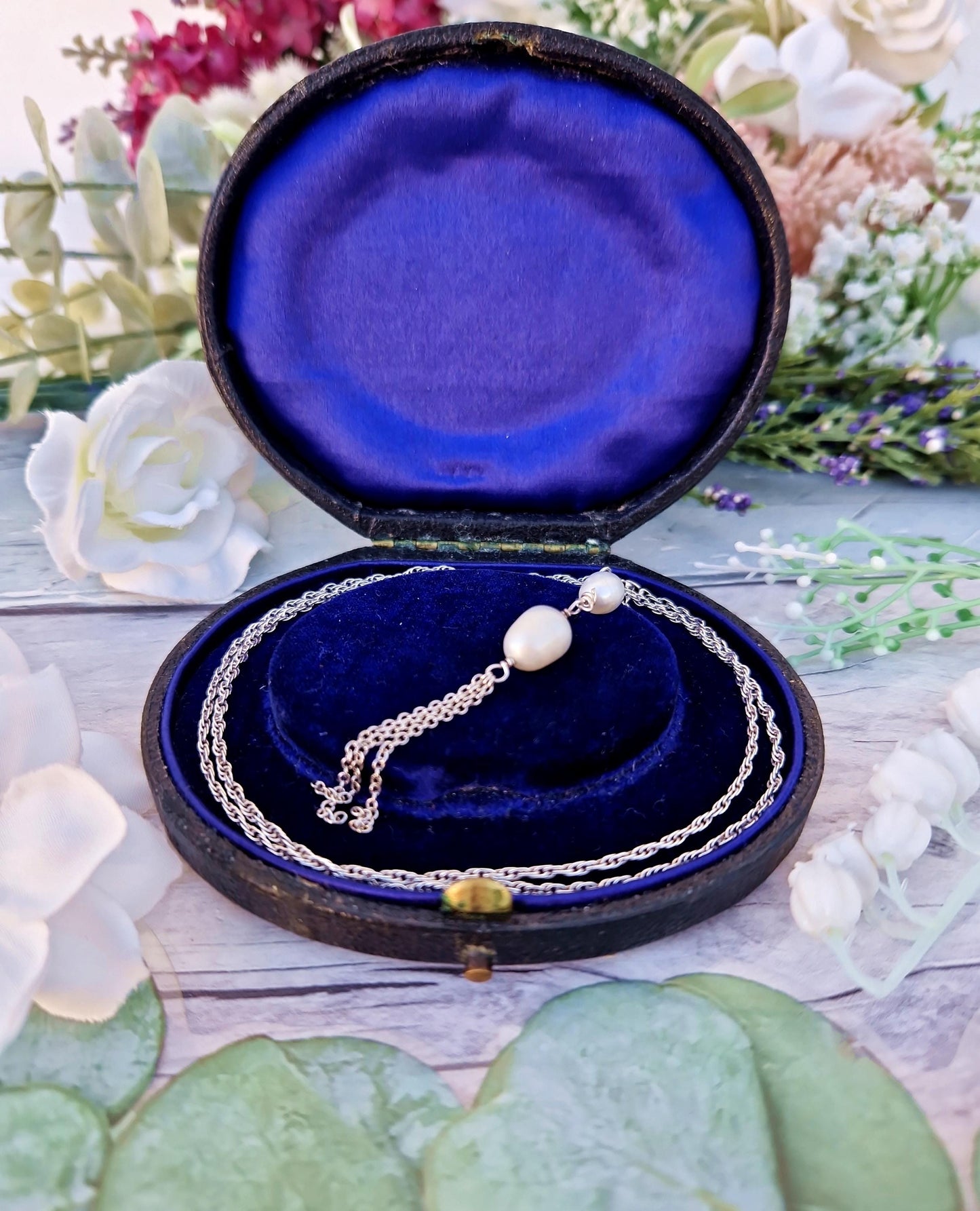 Vintage Sterling Silver Classic Double White Pearl Tassel Pendant Necklace