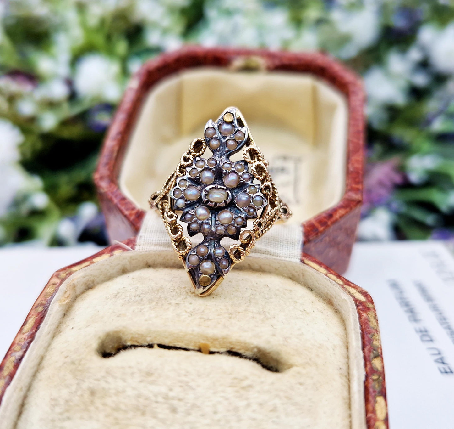Antique Georgian 18ct Yellow Gold Ornate Unique Pearl Statement Navette Ring / Size O or 7