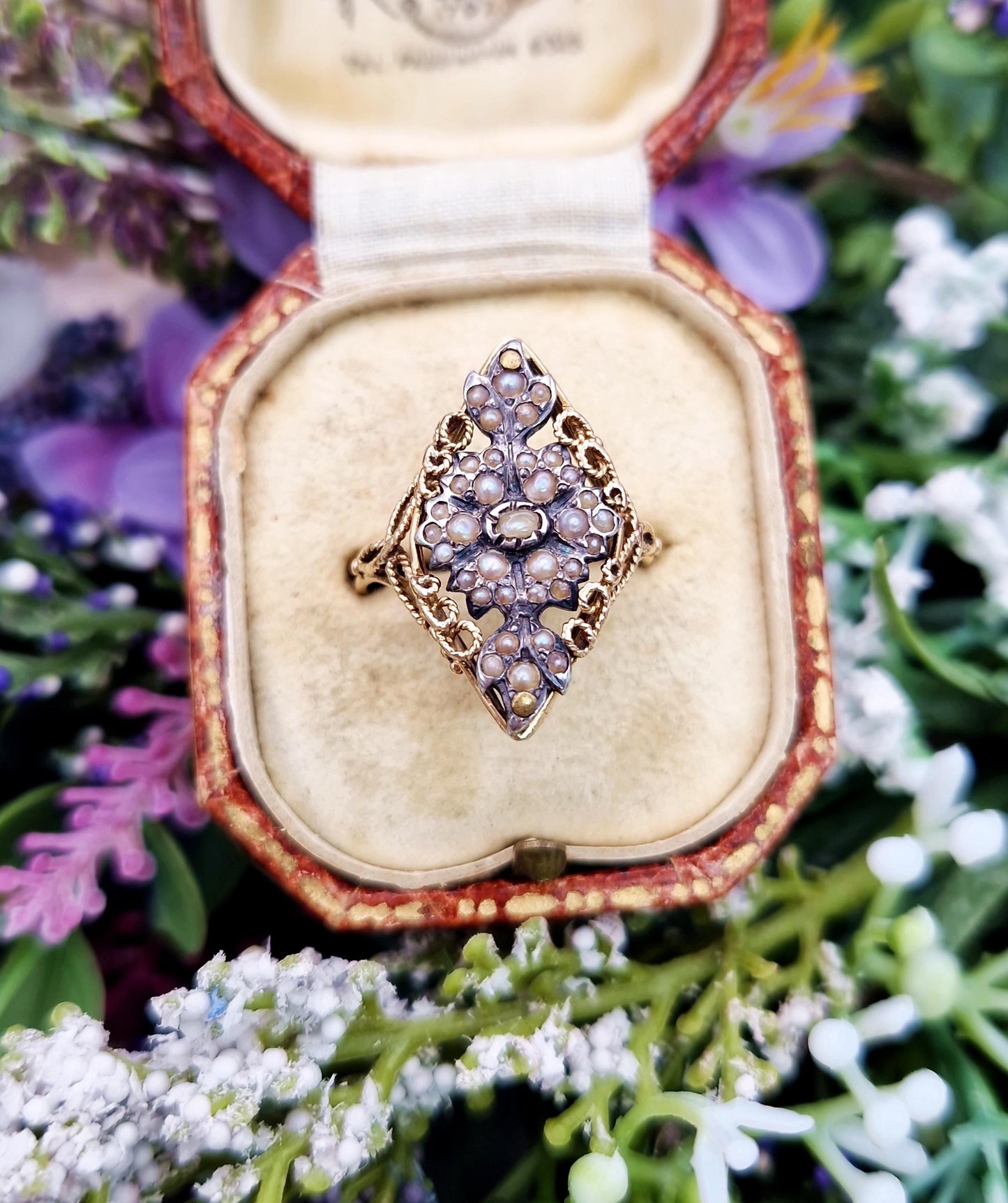 Antique Georgian 18ct Yellow Gold Ornate Unique Pearl Statement Navette Ring / Size O or 7