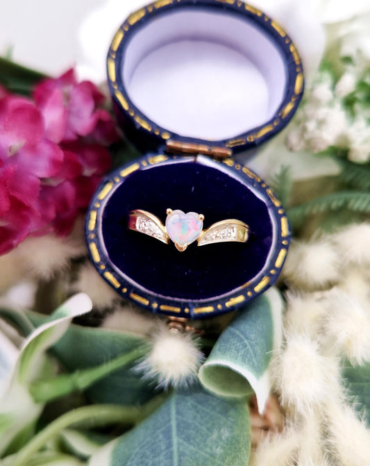 Vintage 9ct Yellow Gold Heart Shaped Rainbow Opal and Diamond Solitaire Ring / Size P or 8
