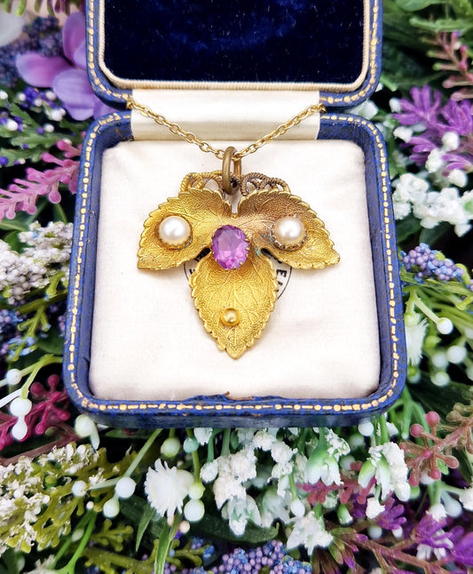 Antique Art Nouveau Gold Tone Leaf with Purple Glass and Pearls Pendant Necklace