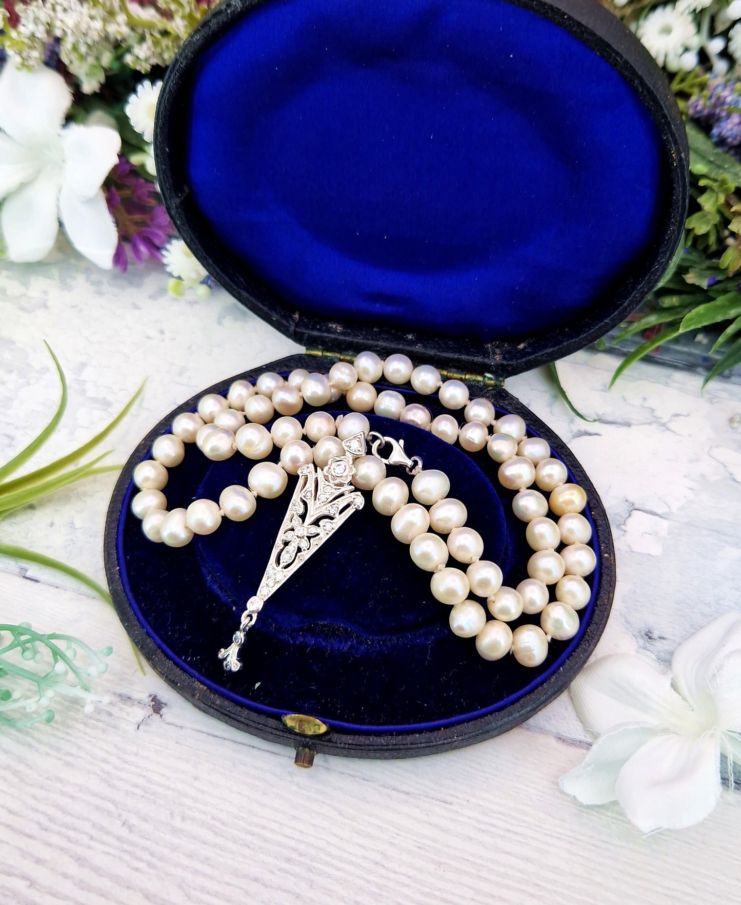 Vintage Classic Princess Length Cream Cultured Pearls with Crystal Enhancer Pendant / Sterling Silver
