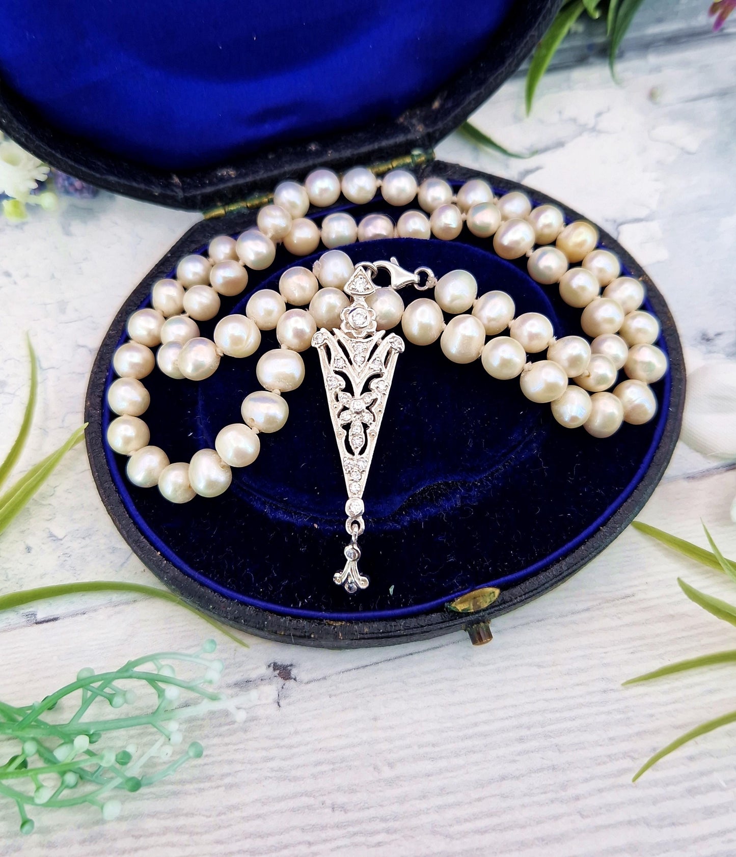 Vintage Classic Princess Length Cream Cultured Pearls with Crystal Enhancer Pendant / Sterling Silver