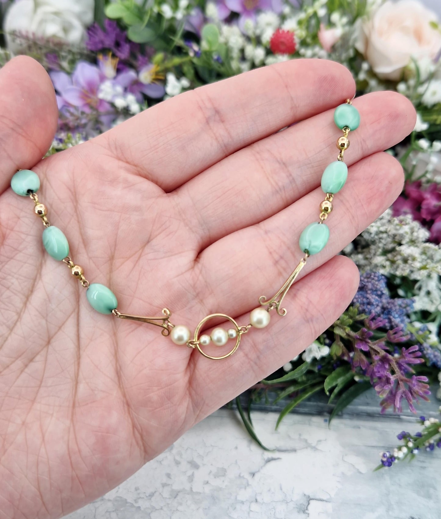 Antique Art Deco Solid 9ct Yellow Gold Pearl and Chrysoprase Bead 17" Necklace Chain / 5.7 grams