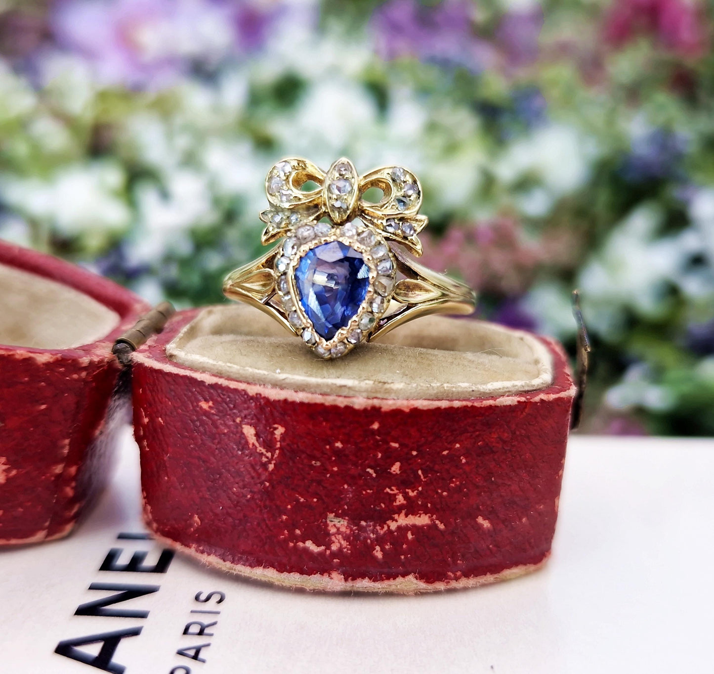 Antique Victorian 18ct Gold Sapphire and Diamond Heart and Bow Ring / Size N 1/2 or 7.25