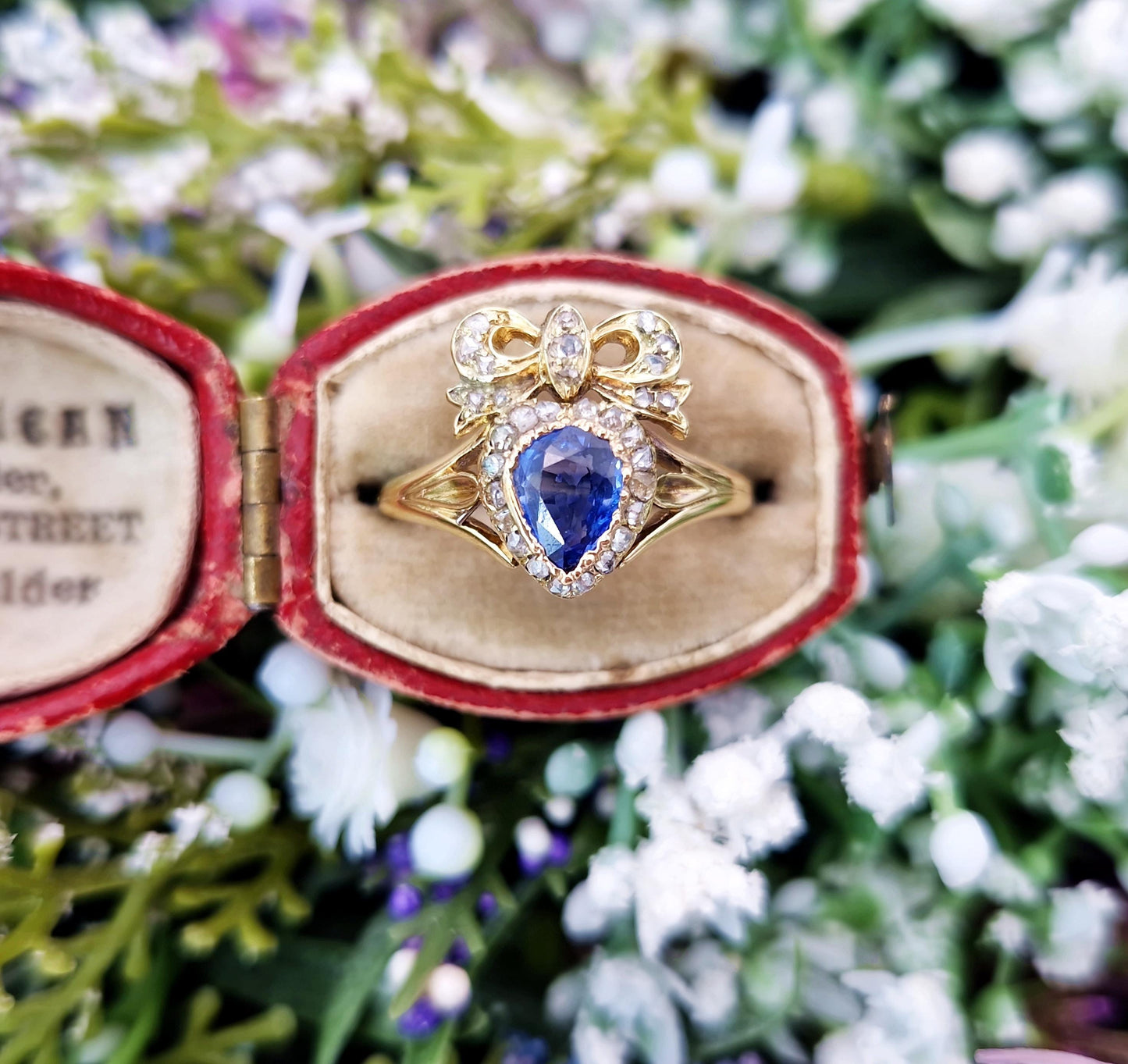 Antique Victorian 18ct Gold Sapphire and Diamond Heart and Bow Ring / Size N 1/2 or 7.25