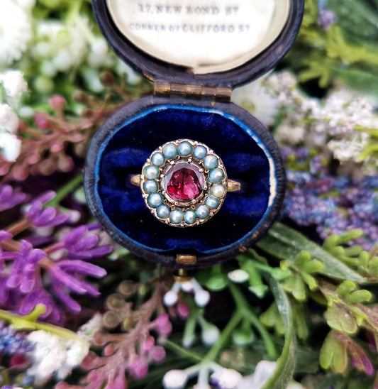 Antique Victorian 9ct Gold Flat Cut Garnet and Pearl Cluster Ring / Size M 1/2 or 6.75