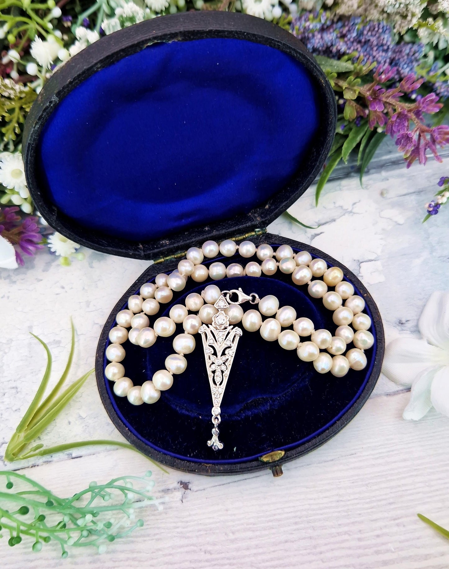 Vintage Classic Princess Length Cream Cultured Pearls with Crystal Enhancer Pendant / Sterling Silver