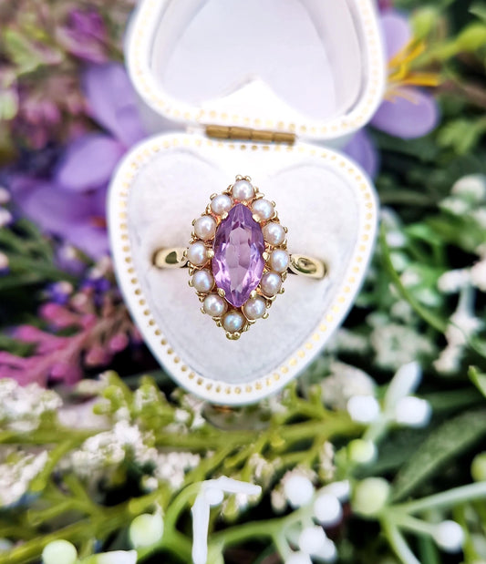 Vintage 1959 9ct Gold Amethyst and Pearl Navette Cluster Ring / Size O or 7.5